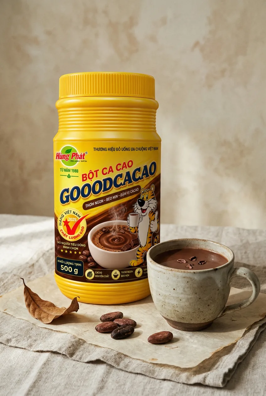 Hộp GoodCacao trong bối cảnh tĩnh vật gỗ và gốm