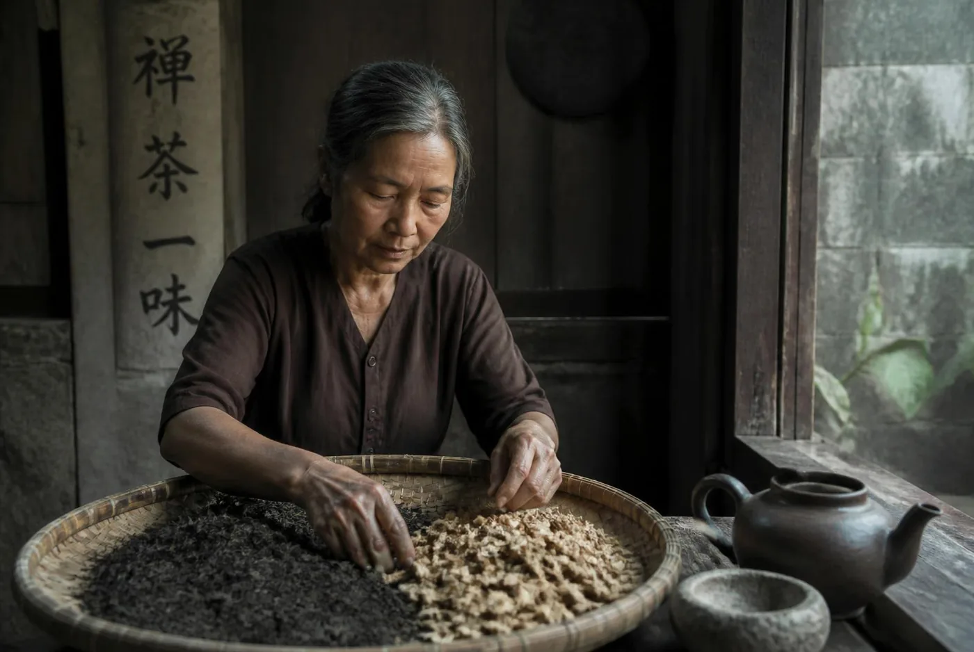 Nghệ nhân HÙNG PHÁT chọn gừng và lá trà trên nong tre bên cửa sổ